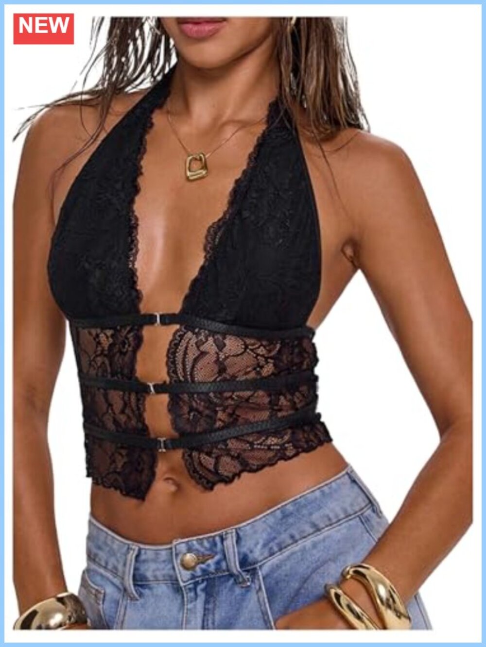 Sheer Lace Halter Crop Top with Plunge Neckline & Open Back